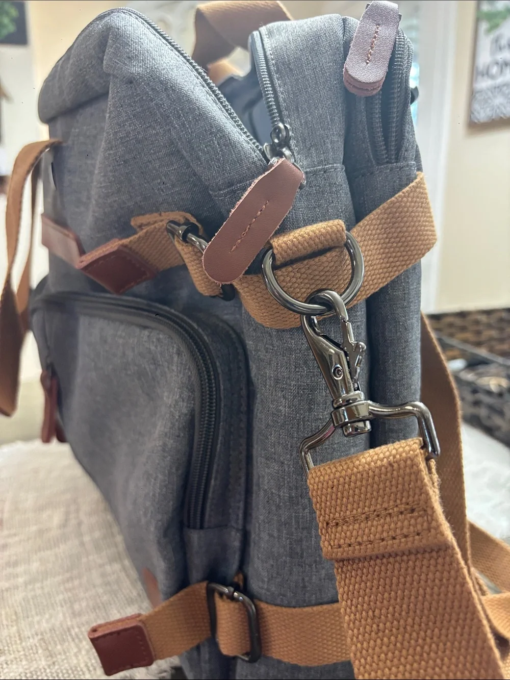 Gray Canvas Weekender Bag with Brown Accents